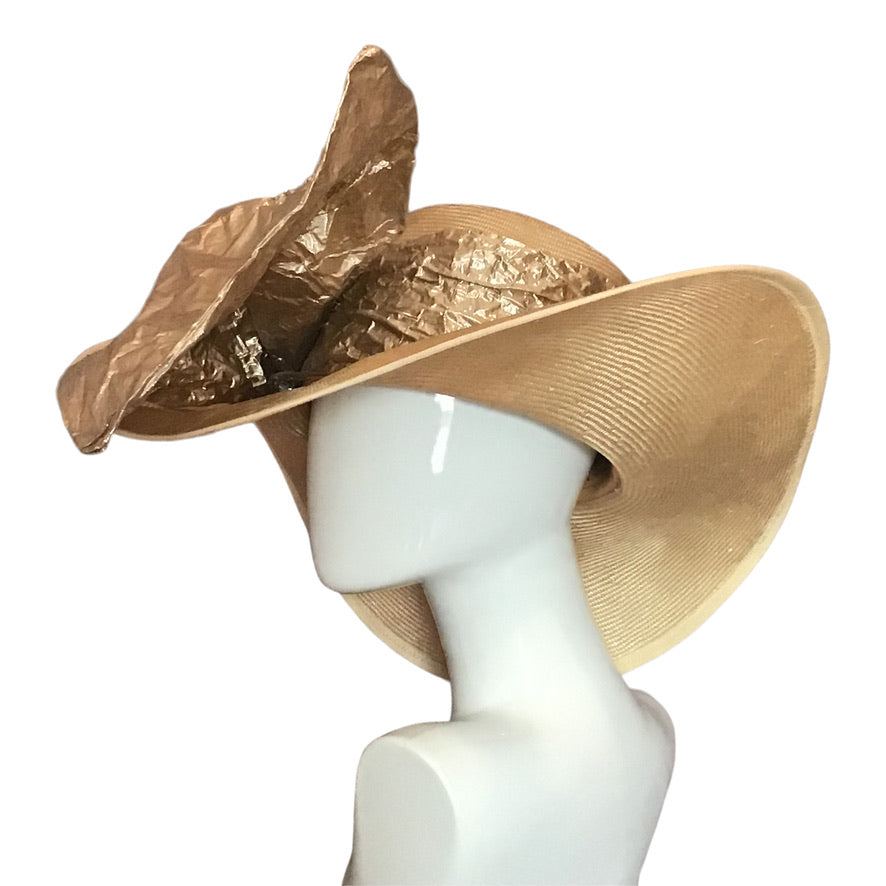 Wide Brim Straw In Gold With Gold Oversized Bow Race Day