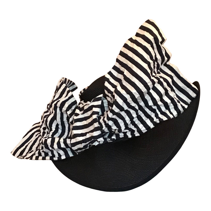 Wide Brim Straw In Navy Blue With Navy/ White Stripe Bow Race Day