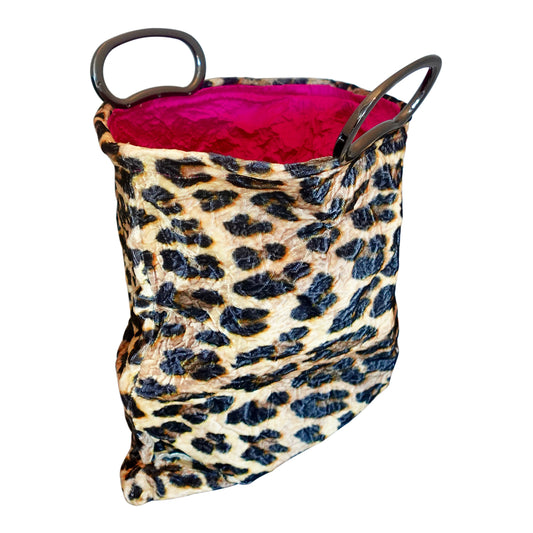 Morphy Leopard Print Velvet & Silk gunmetal Handle Bag