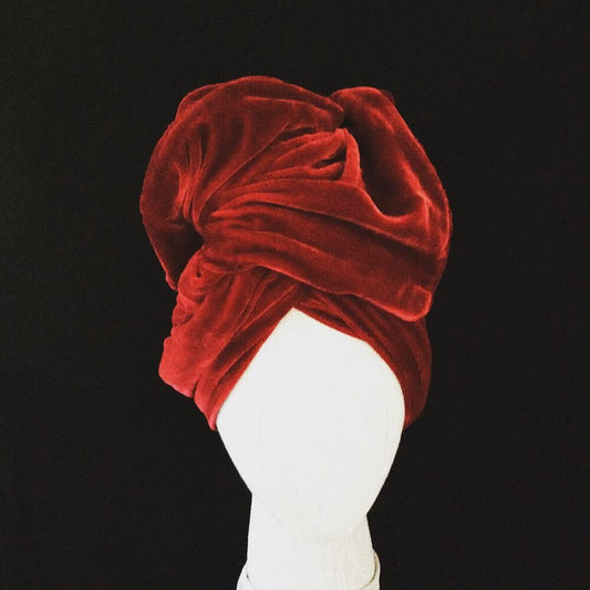 Twisturban tm in rich red rayon/ silk velvet sample